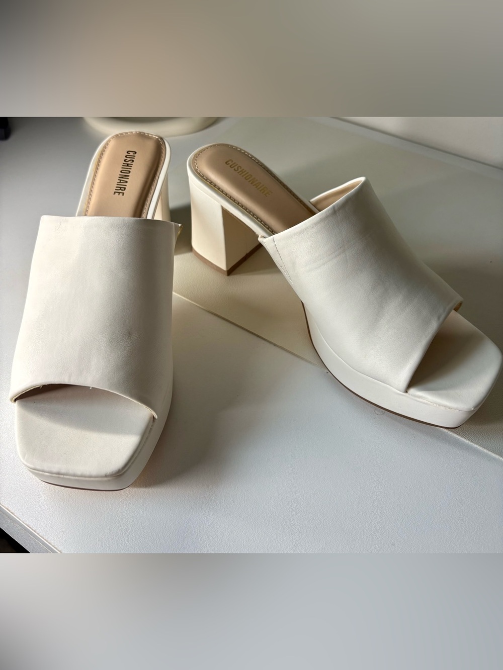 Cushionaire White Slide Heels - Minimal Square Toe Mules - Picture 2 of 6